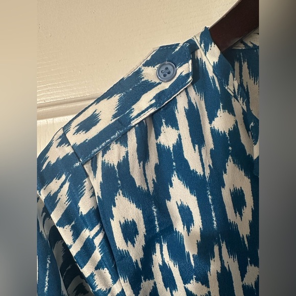 MAEVE Anthropologie Blue XS 3/4 Roll Tab Sleeve Ikat HiLo Belt V Neck Shirtdress - Picture 10 of 16